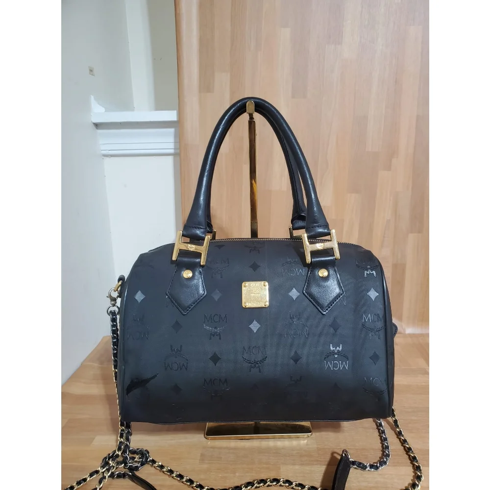 MCM Signature Visetos Monogram Boston Bag with Strap